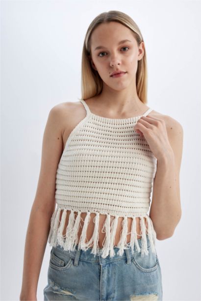 Fitted Crochet Halter Neck Crop Top