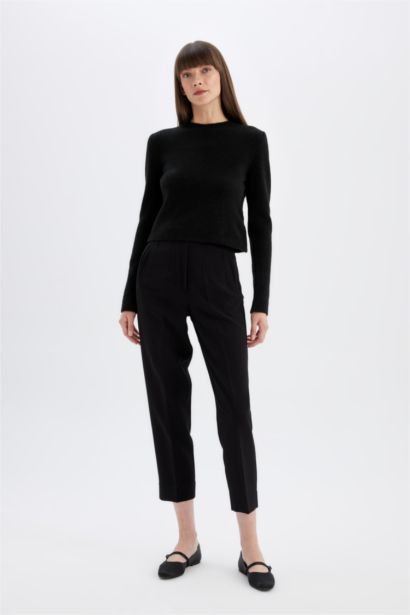 Black Regular Fit Crew Neck Premium Basic Crop Pullover