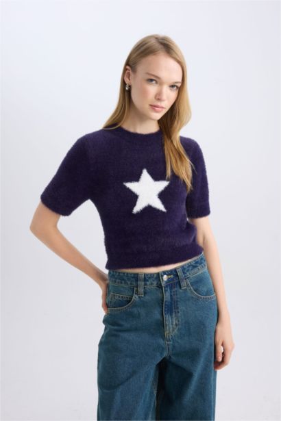 Fitted Crew Neck Star Printed Plush Pullover