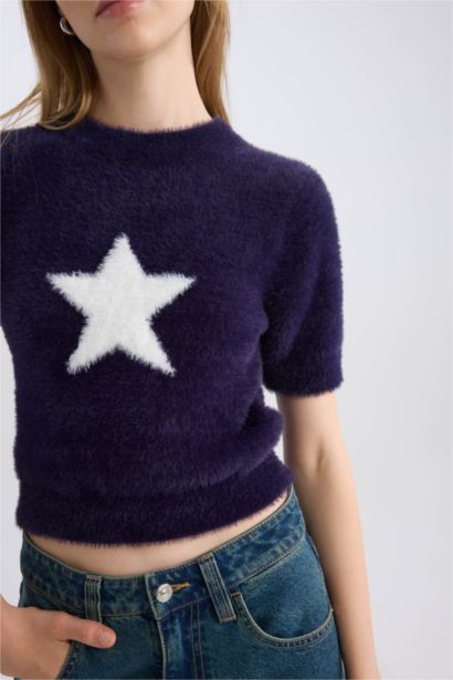 بلوفر تريكو سليم فيت برقبة مستديرة بطبعة نجم