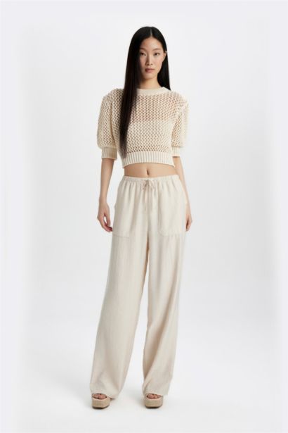 بلوفر كروشيه قصة عادية برقبة مستديرة