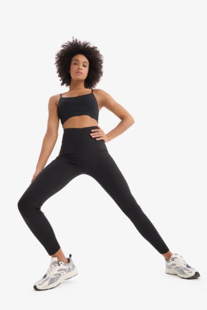 Siyah Yüksek Bel Beli Saran Toparlayıcı Esnek Premium Sporcu Tayt