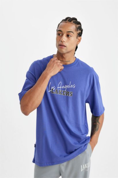 NBA Los Angeles Lakers Oversize Geniş Kalıp Bisiklet Yaka Sırt Baskılı Pamuklu Kısa Kollu Tişört