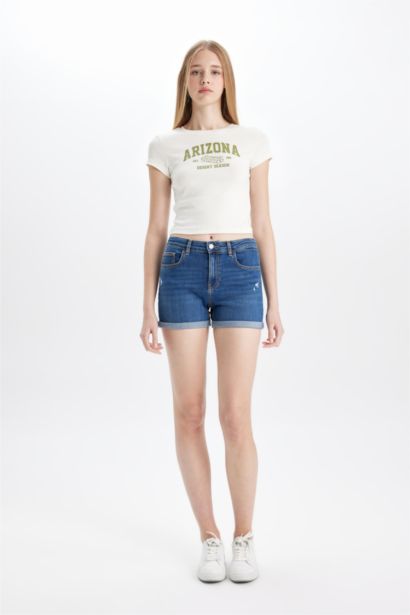 Fitted Crew Neck Printed Ribbed Short Sleeve T-Shirt