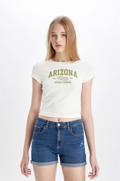 Fitted Crew Neck Printed Ribbed Short Sleeve T-Shirt