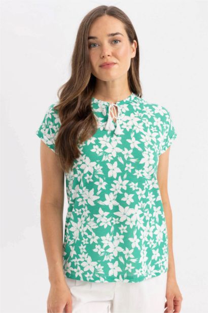 Patterned Open Neck Short Sleeve T-Shirt