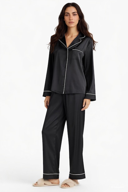 Regular Fit Satin Top Bottom 2 Piece Pajama Set