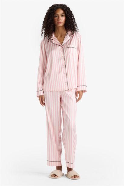 سيت بيجاما ساتان قصة عادية ردن طويل من قطعتين