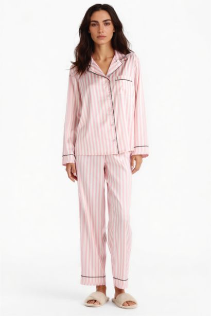 سيت بيجاما ساتان قصة عادية ردن طويل من قطعتين