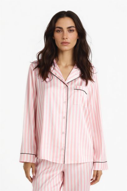 سيت بيجاما ساتان قصة عادية ردن طويل من قطعتين