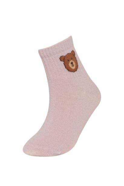 Girl Bear Patterned 3 Piece Cotton Long Socks
