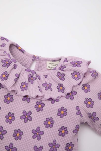Fırfırlı Yaka Çiçekli Waffle Kısa Kollu Tişört Kız Bebek
