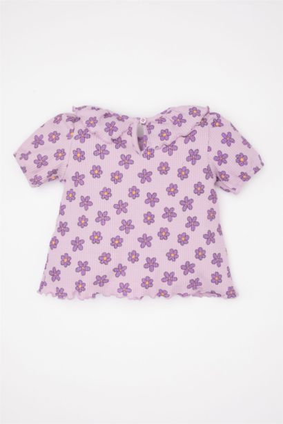 Fırfırlı Yaka Çiçekli Waffle Kısa Kollu Tişört Kız Bebek