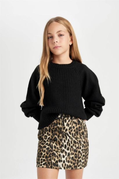 Pull en tricot noir à motifs à coupe standard et Col rond pour Fille