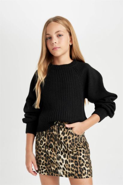 Pull en tricot noir à motifs à coupe standard et Col rond pour Fille