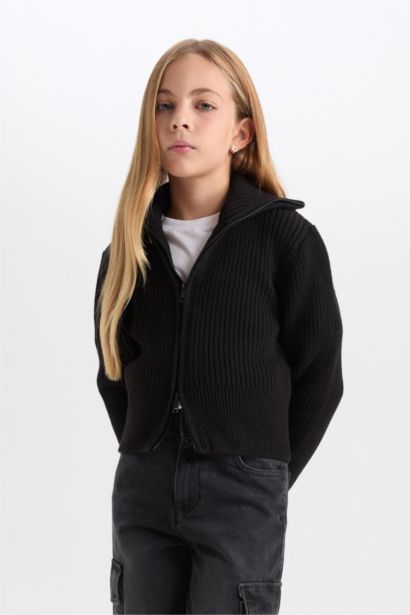 كارديجان بناتي اسود تريكو بيزك قصة عادية بياقة بسوستة