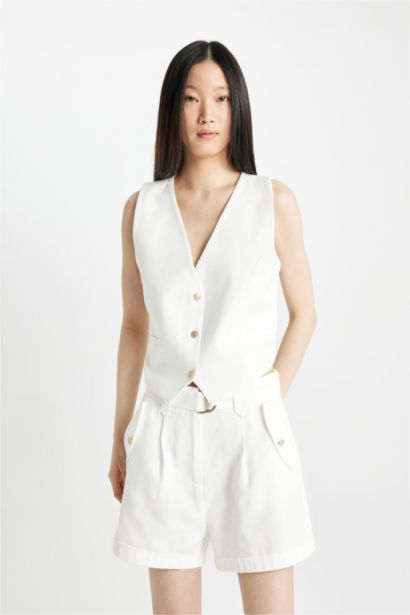 Relax Fit Linen Blended High Waist Crop Fit Shorts