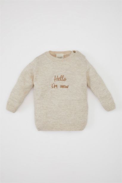 Ensemble pour Bébé Fille: Pull en tricot à col rond avec broderie et salopette en tricot avec bretelles ajustables
