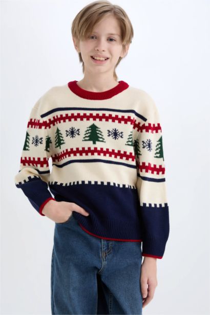 بلوفر اولادي تريكو قصة عادية برقبة مستديرة أزرق