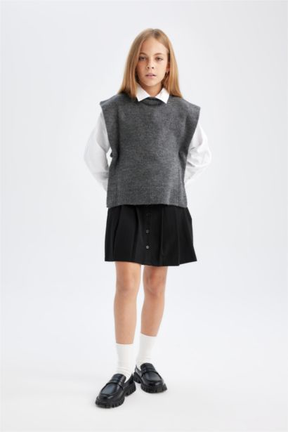 فيست تريكو صوف بناتي قصة عادية بياقة مستديرة