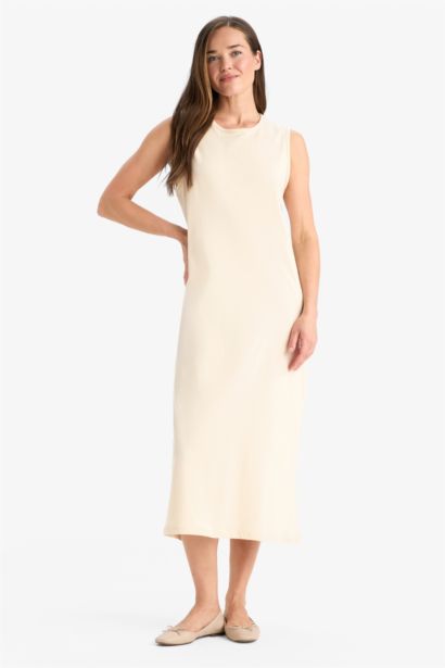 Regular Fit Crew Neck Basic Cotton Midi Dress