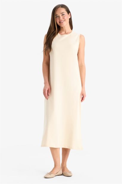 Regular Fit Crew Neck Basic Cotton Midi Dress