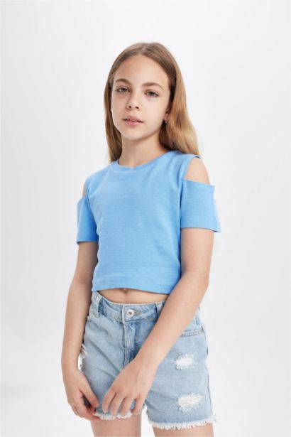 Girl Slim Fit Crew Neck Basic Ribbed Short Sleeve T-Shirt