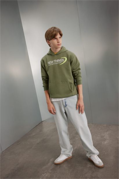 Haki Sırt Baskılı Kapüşonlu Cepli Sweatshirt Erkek Çocuk