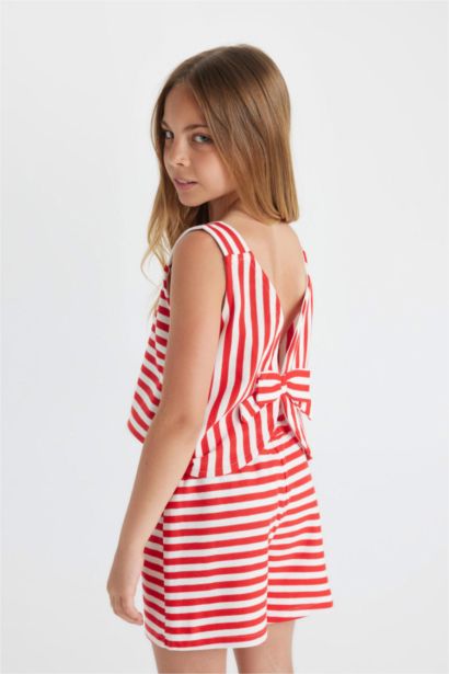 تيشيرت كت بناتي مخطط قصة مريحة بفيونكة من الخلف