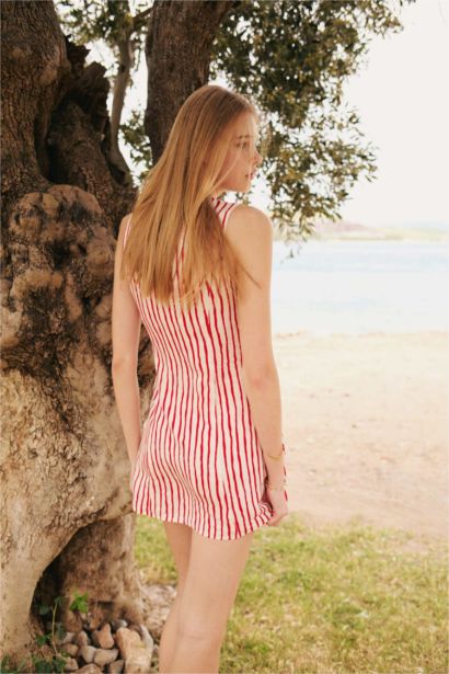 Mini Robe Rayée sans Manches en Lin à Col rond