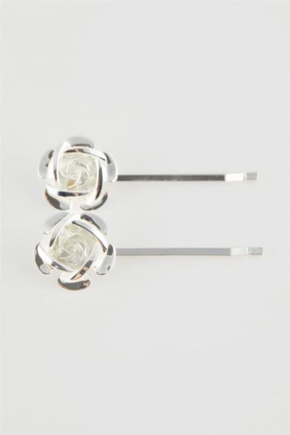 كلبس شعر على شكل وردة فضي - قطعتين