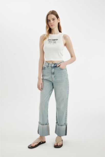 Pantalon en Jean Droit Taille Haute à effet Délavé