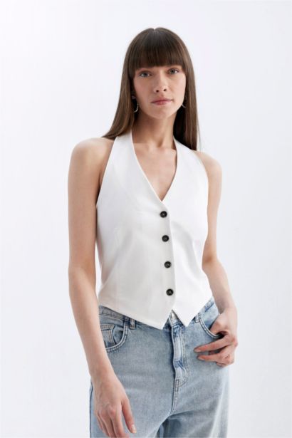 V Yaka Düğmeli Basıc Beyaz Blazer Yelek