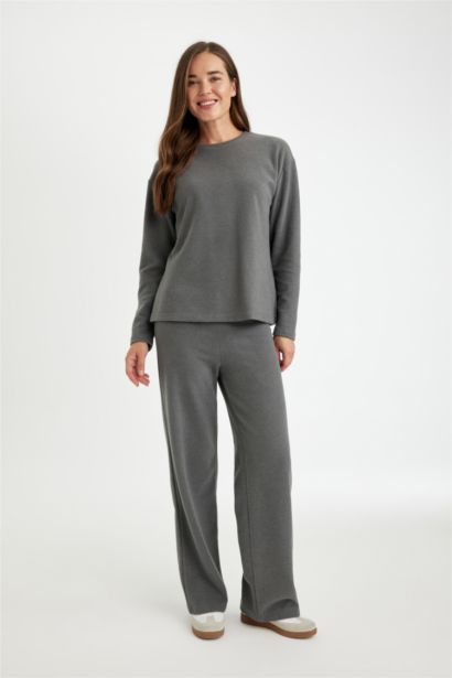 Bisiklet Yaka Selanik Kumaş Basic Düz Uzun Kollu Tişört