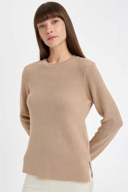 Regular Fit Bisiklet Yaka Simli Kumaş Triko Kazak