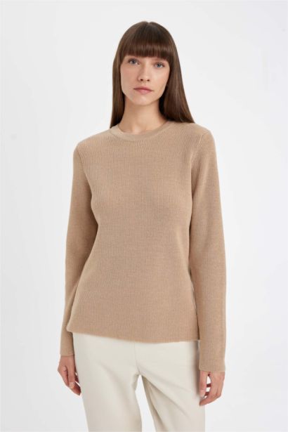 Regular Fit Bisiklet Yaka Simli Kumaş Triko Kazak