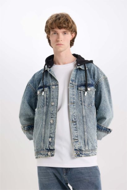 %100 Pamuk Oversize Geniş Kalıp Kapüşonlu Düğmeli Mevsimlik Baharlık Denim Ceket