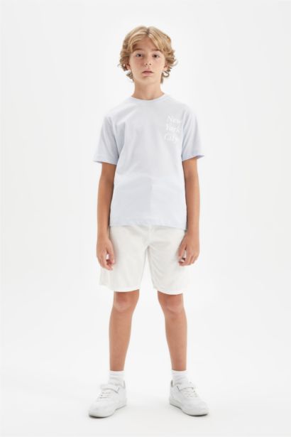 تيشيرت اولادي نص كم مطبوع قصة عادية برقبة مستديرة أزرق فاتح