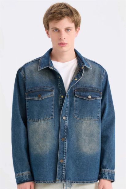 %100 Pamuk Relax Fit Uzun Kollu Cepli Jean Gömlek Ceket