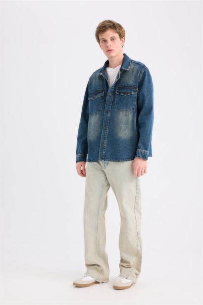 %100 Pamuk Relax Fit Uzun Kollu Cepli Jean Gömlek Ceket