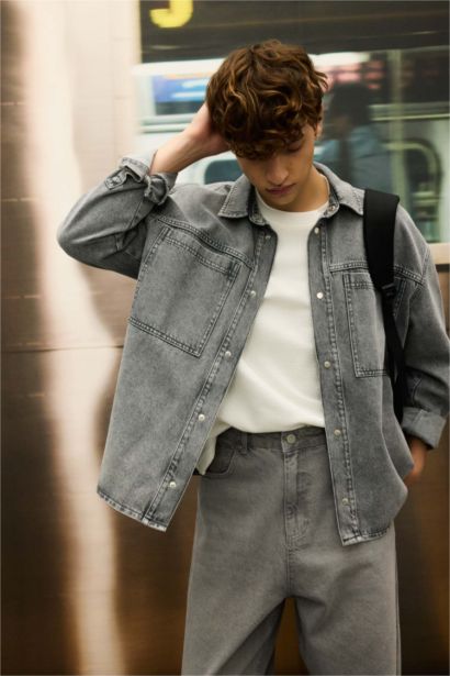 Oversize Polo Collar Cotton Long Sleeve Basic Denim Shirt