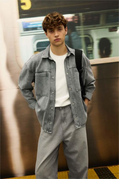 Oversize Polo Collar Cotton Long Sleeve Basic Denim Shirt