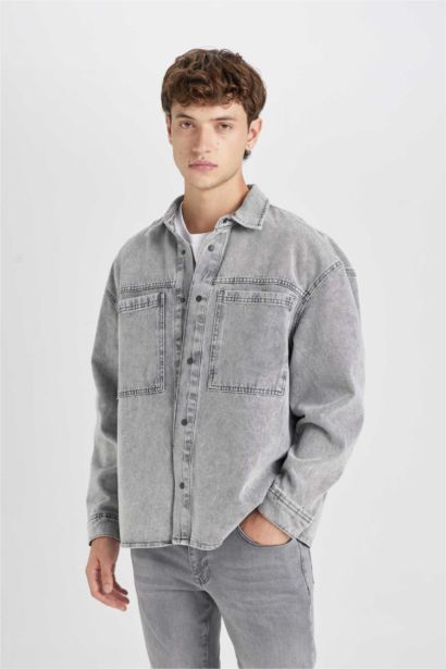 Oversize Polo Collar Cotton Long Sleeve Basic Denim Shirt