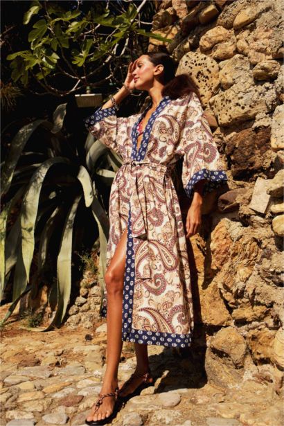 Regular Fit Kuşaklı Etnik Desenli Pamuklu Kimono