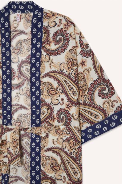 Regular Fit Kuşaklı Etnik Desenli Pamuklu Kimono