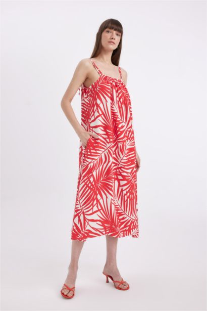 فستان كتان طويل فلورال بقصة A بحمالات