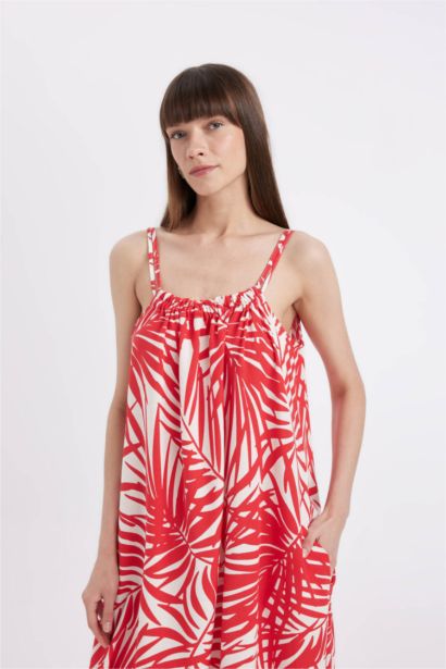 فستان كتان طويل فلورال بقصة A بحمالات