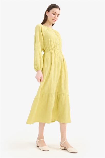 Relax Fit Crew Neck Muslin Raglan Sleeves Dress