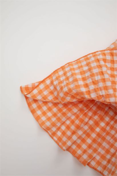 فستان بناتي كاروهات قصة عادية نص كم بياقة مربعة