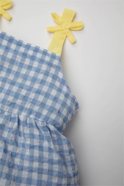 فستان بناتي كاروهات قصة عادية بدون كم برقبة مربعة